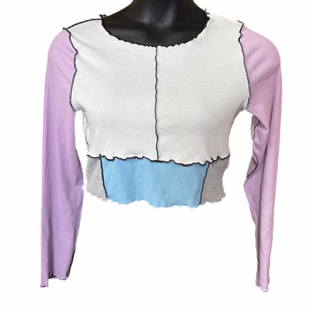 Shein Long Sleeve Patchwork Top Lettuce Hem Size L